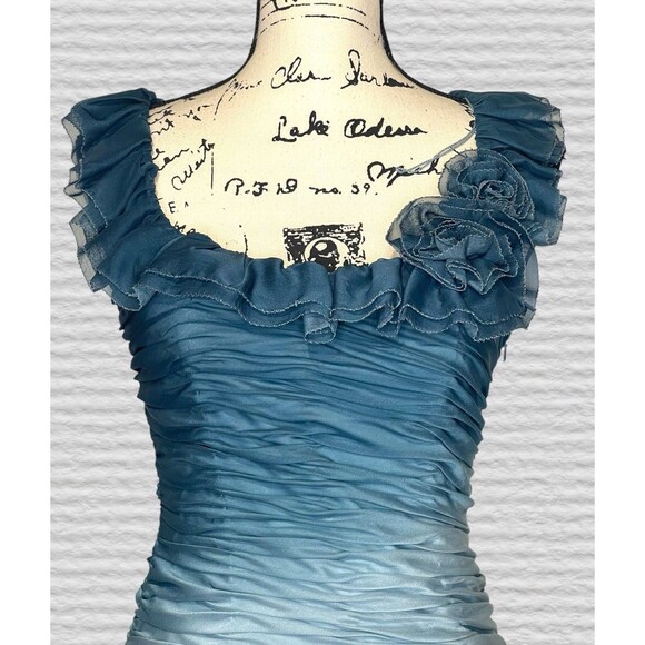 ADRIANNA PAPELL Teal Ombre Ruched Rosette Dress Size 6 Wiggle Party Evening - Picture 2 of 10